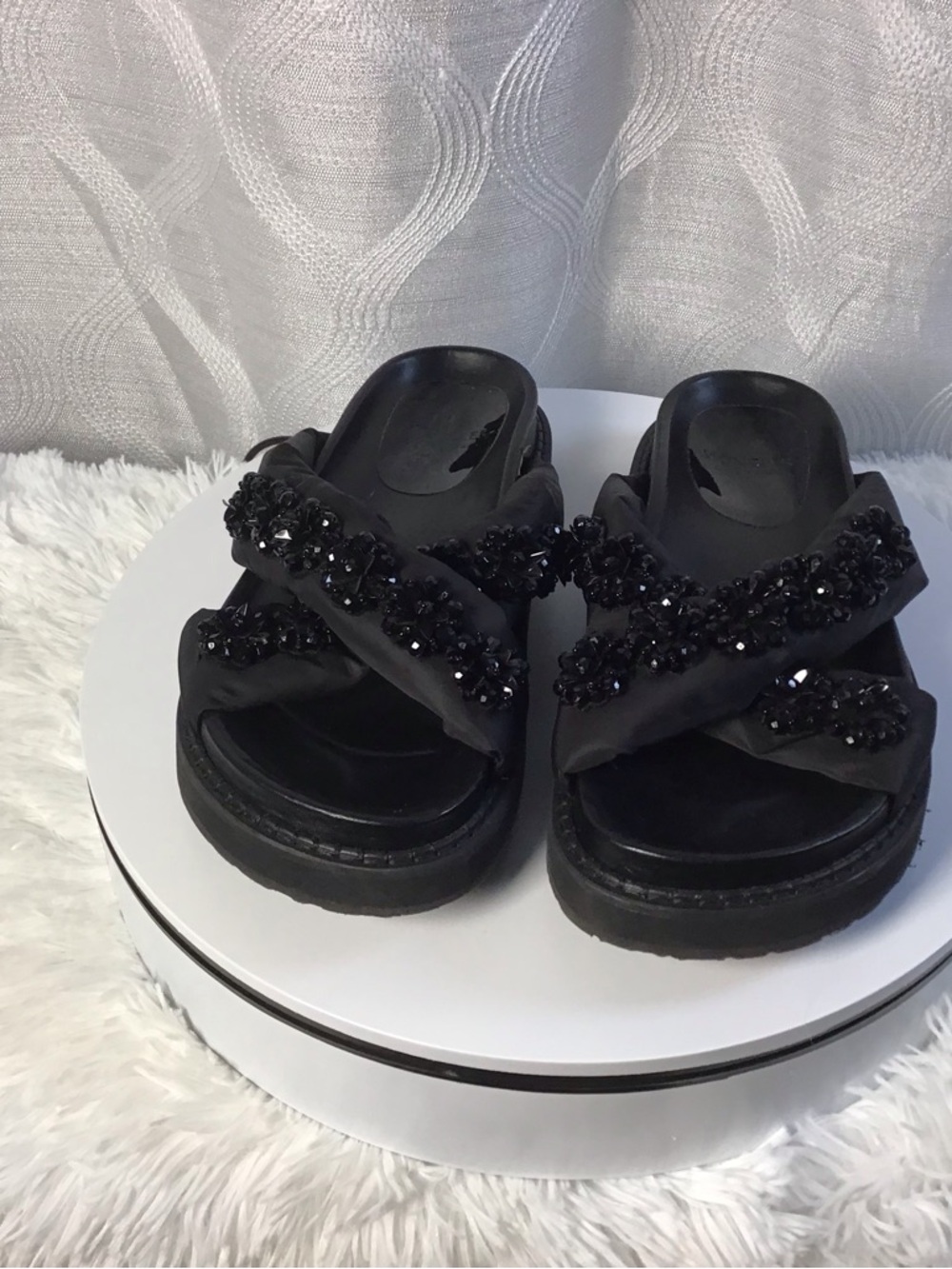 Moncler Black Beaded Crisscross Slide Sandals